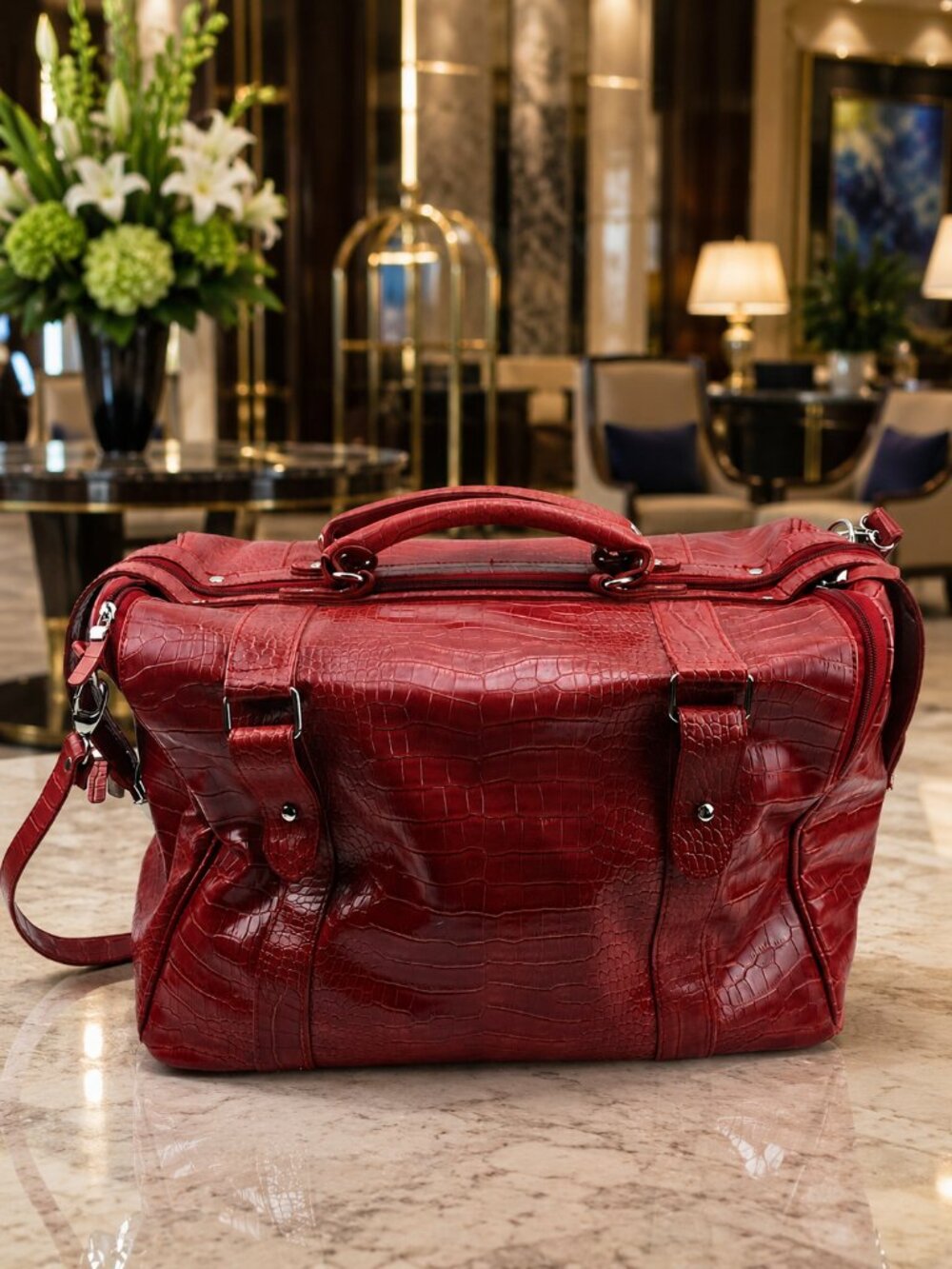 Bath & Body Works Red Faux Crocodile Leather Weekend Duffle Travel Luggage Bag